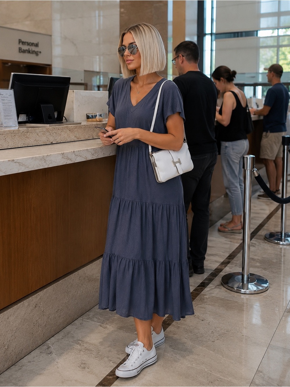 🛍️💃🏼Pure Essence Navy Bamboo V‑Neck Tiered Maxi Dress